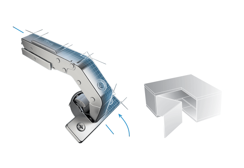 pie cut corner hinge, bi-fold doors, corner cabinet, cabinet hardware, furniture hardware, soft close hinge, kitchen hinge, bi-fold hinge, t-type hinge, titus, corner cabinet hinges